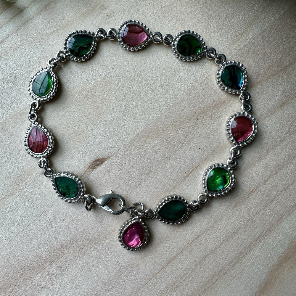Vintage‎ Link Bracelet Size 7.75 Boho Multicolor Teardrop Acrylic w Shell Cabs